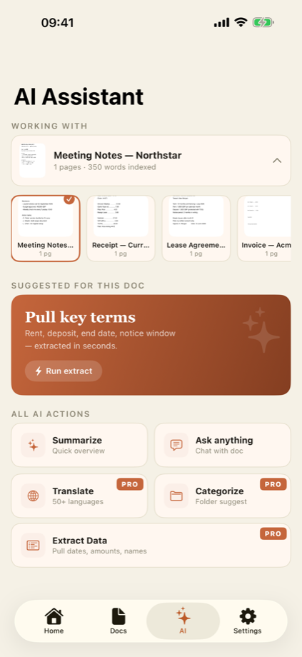 DocLens AI Assistant on iPhone — summarize, translate, extract data from documents