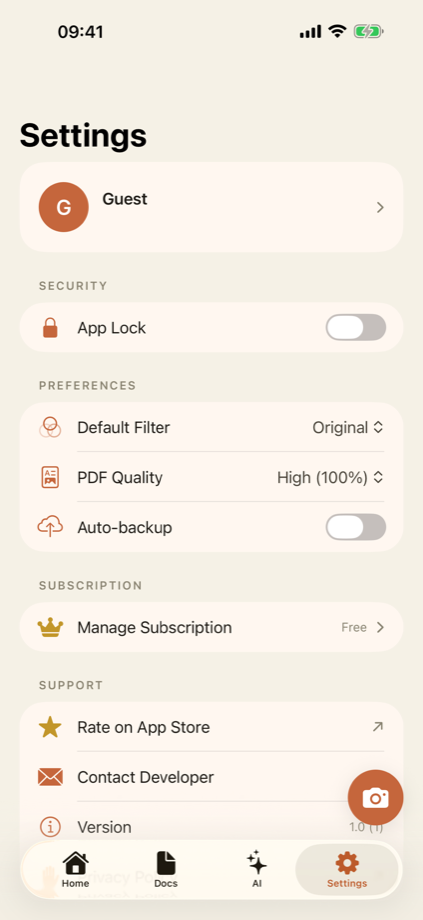 DocLens Settings on iPhone — App Lock, PDF quality, auto-backup, and subscription management