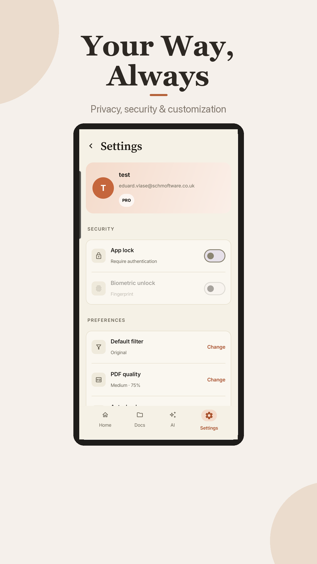 DocLens Security Settings — App lock and biometric unlock